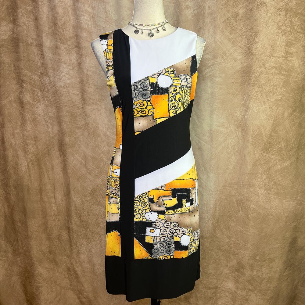 Vintage 90s Patchwork Shift Dress Midi Color Block Sleeveless Metallic Sequined